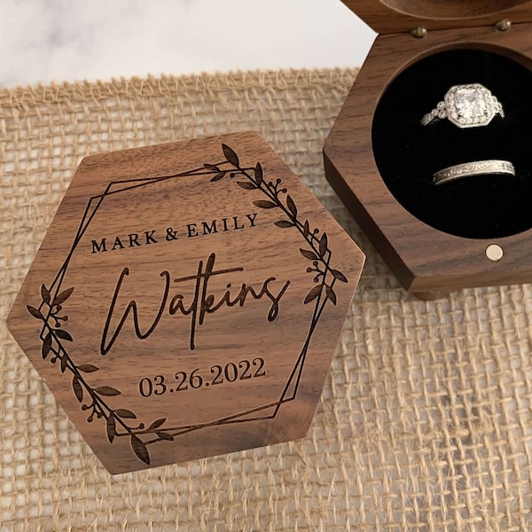 Ring Box for Wedding Ceremony, Custom Ring Pillow Alternative, Wooden Ring Box, Engraved Hexagon Ring Bearer Box, Hexagon Octagon