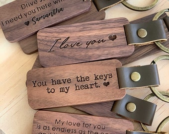 Engraved Wood Custom Keychain with leather, Gift for Men or Women, Husband, Wife or Boyfriend Gift