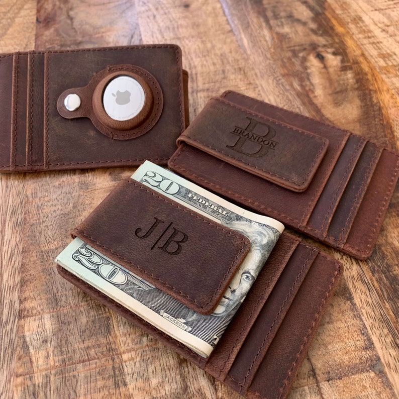 Airtag Mens Leather Wallet With Money Clip Mens Leather Money Etsy
