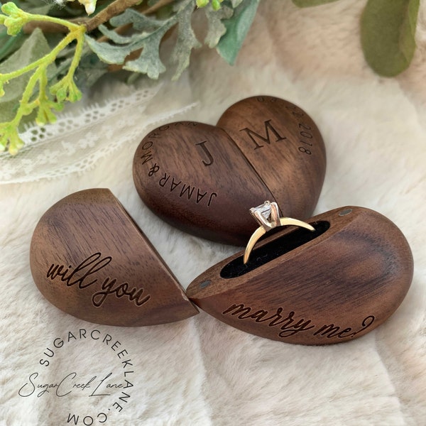 Wedding Engagement proposal Ring Box, Small Custom Engraved Ring Box, Engraved Heart Ring Box Walnut Wood, Ring Box Proposal