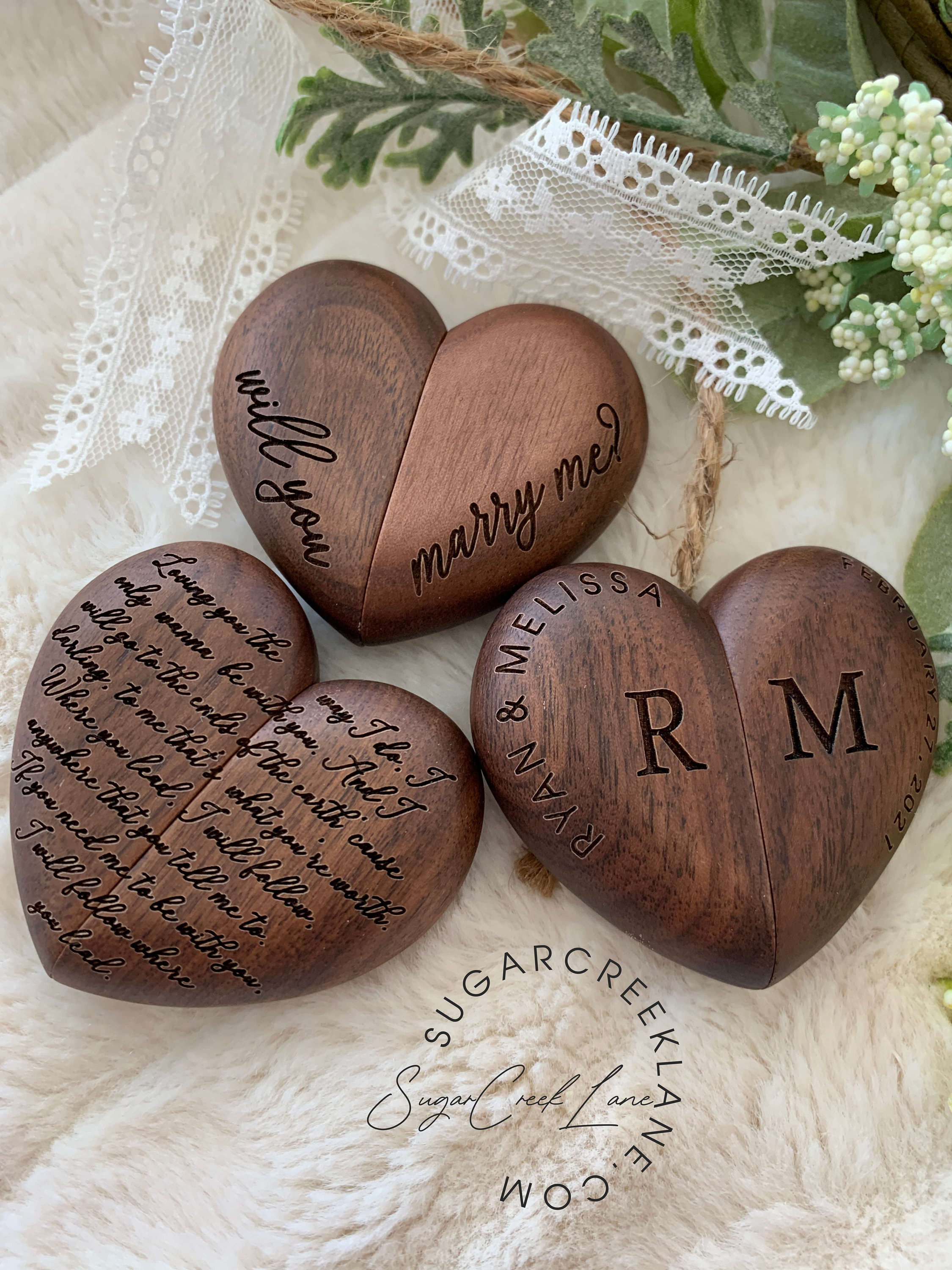 KEMEILA Custom Wedding Walnut Ring Box - Engraved Mini Wooden Ring Box