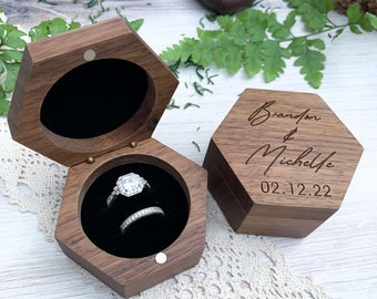 Hexagon Wedding Ring Box for Wedding Ceremony, Engraved Wooden Ring Box, Engraved Hexagon Ring Bearer Box, Rustic Ring Box Wedding Ceremony