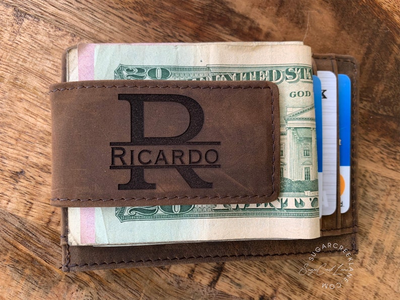 Fathers Day Gift, Gift for Dad, Leather Wallet with money clip, Personalized Custom Leather money clip, Money clip engraved, Personalized image 1