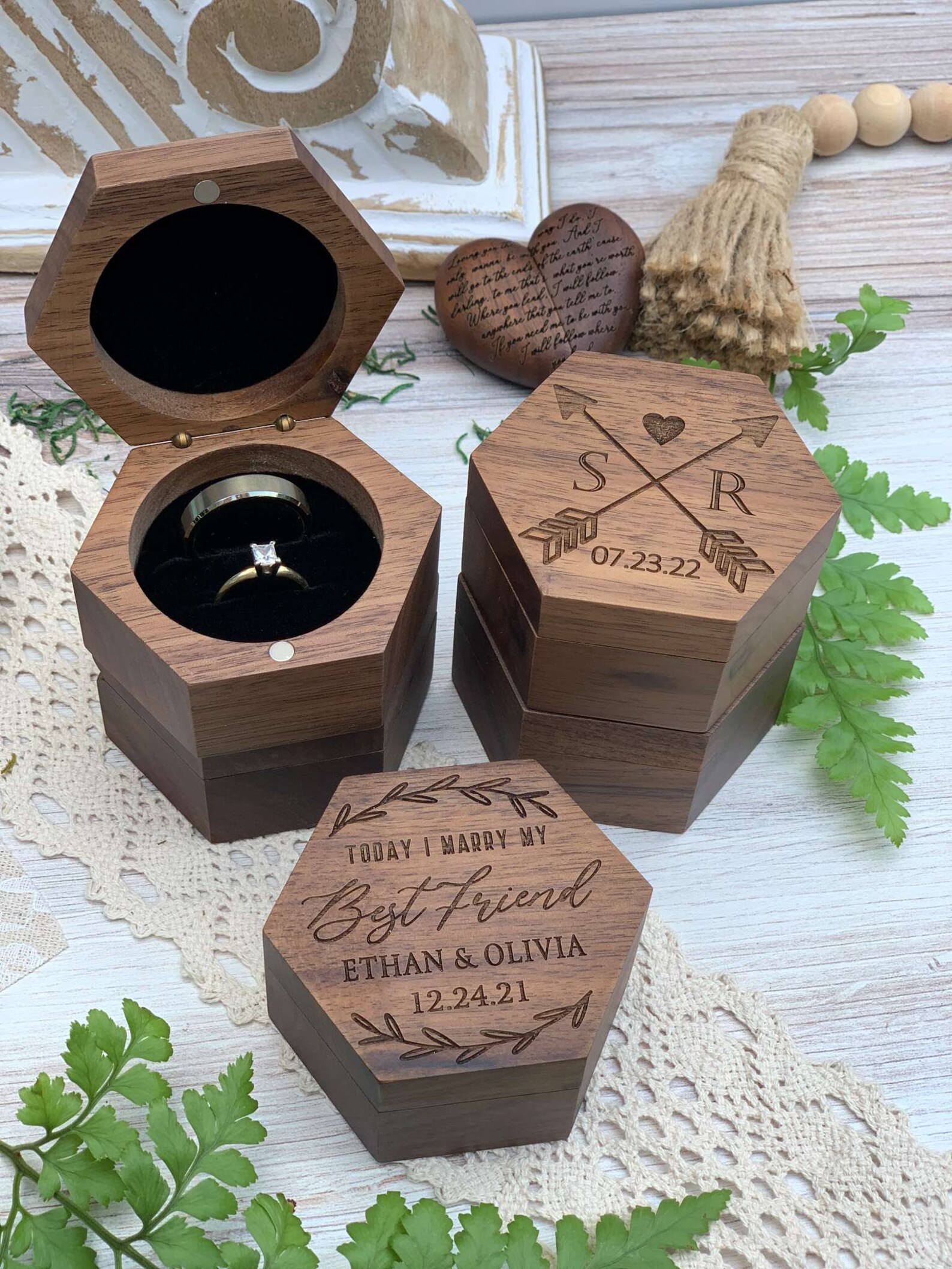 Hexagon Wedding Ring Box for Wedding Ceremony Engraved Wooden Etsy