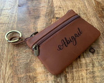 Personalized Leather Keychain Wallet, Keychain wallet card holder with Zipper, Leather Wallet with keychain, Wallet for Women Compact Wallet