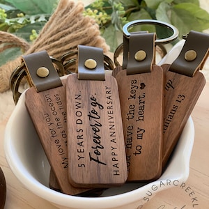 Engraved Custom Wood Keychain - 5th Wooden Anniversary Gift for Husband or Wife - Boyfriend Girlfriend Anniversary Gift