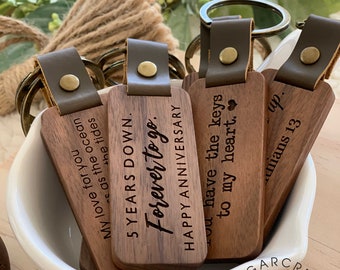 5th Wooden Anniversary Gift for Husband or Wife, Wood Anniversary Key Chain, Key FOB, Boyfriend Girlfriend Birthday Gift