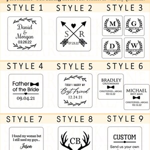 May include: Nine different box design options for a wedding or special event. Each design features a different style of text, graphics, and wording. The designs include a couple's names and wedding date, a groomsman's name and date, a best man's name and date, and a father of the bride's name and date. The designs also include a custom option where you can send your own wording or design.