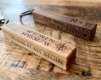 Longitude latitude keychain, Coordinates Keychain Gift For Man  Engraved Gift Personalized Coordinates Wood Keychain