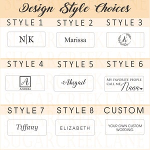 May include: A graphic showing 8 different keychain wallet design styles. The styles include a variety of fonts, borders, and designs. The text "KEYCHAIN WALLET Design Style Choices" is at the top of the graphic. The text "WWW.SUGARCREEKLANE.COM" is at the bottom of the graphic.