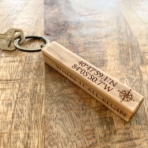 Personalized Coordinates Wood Keychain, Personalized Custom Wooden Keychain, Gift for Boyfriend or Girlfriend, Husband or Wife Gift