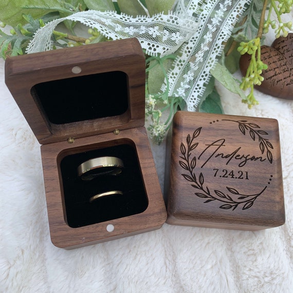Custom Engraved Square Double Ring Box for Wedding Ceremony 