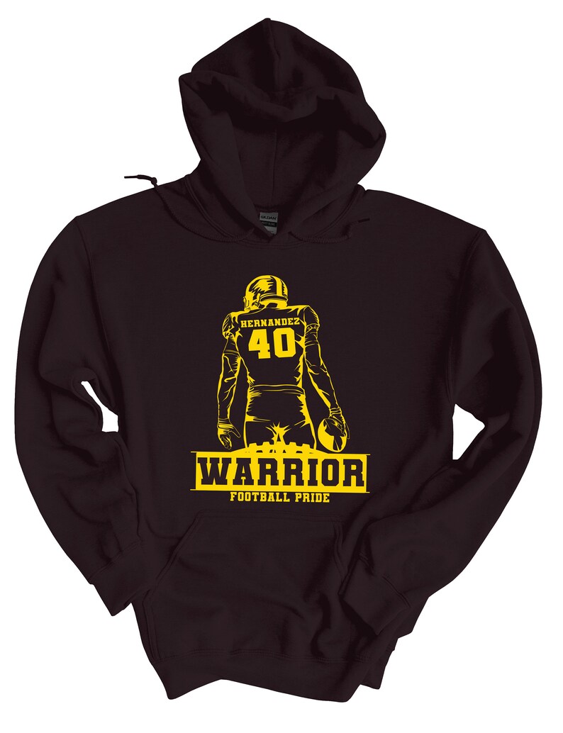 May include: Black hooded sweatshirt with a yellow silhouette of a football player wearing jersey number 40 with the name "Hernandez" on the back. The text "WARRIOR FOOTBALL PRIDE" is printed below the player.