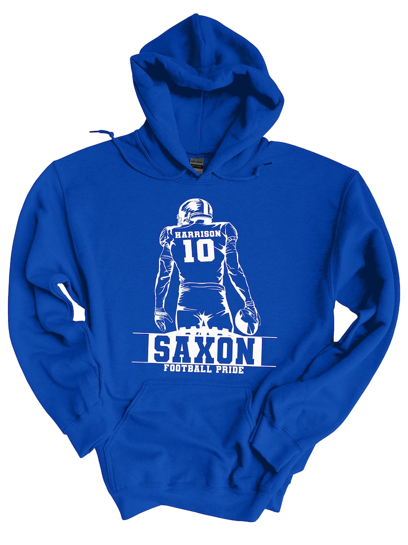 May include: Royal blue hooded sweatshirt with a white silhouette of a football player wearing jersey number 10 with the name "HARRISON" above the number. The text "SAXON FOOTBALL PRIDE" is below the player.