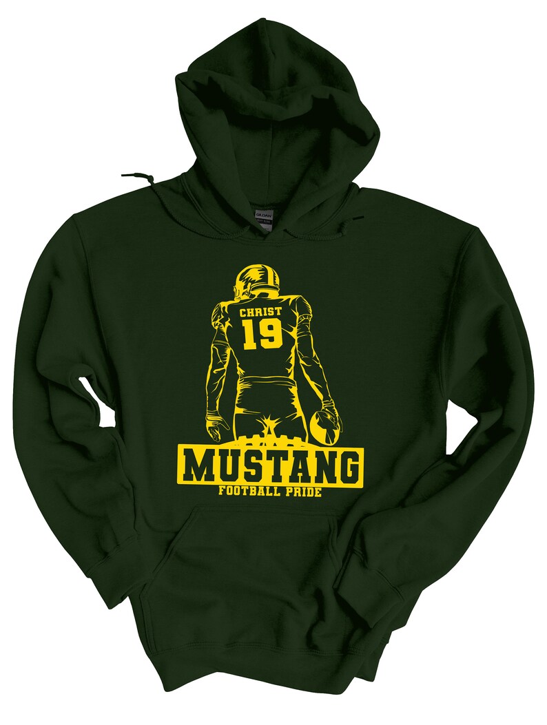 May include: A dark green hooded sweatshirt with a yellow silhouette of a football player wearing a jersey with the name "CHRIST" and the number "19" on the back. The text "MUSTANG FOOTBALL PRIDE" is printed below the player.