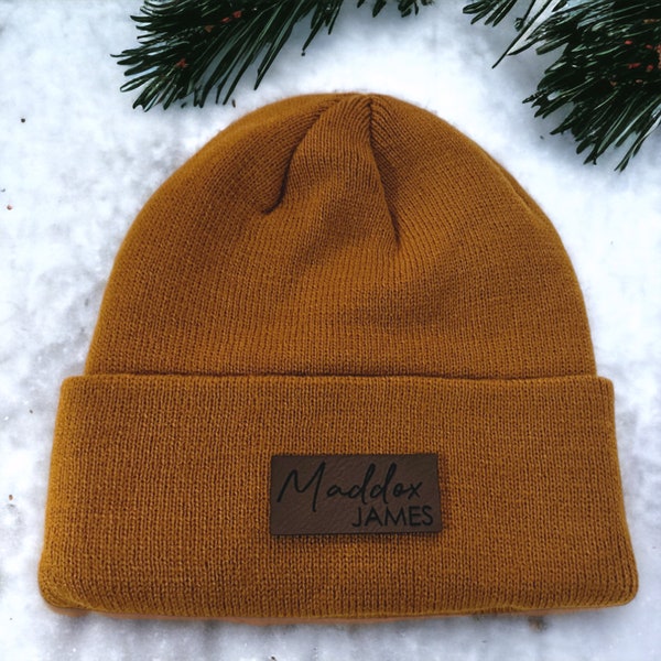 Child Leather Patch Name Beanie, Custom Kids Beanie, Beanie with Name, Custom Child's Toboggan, Kids Winter Hat with Name