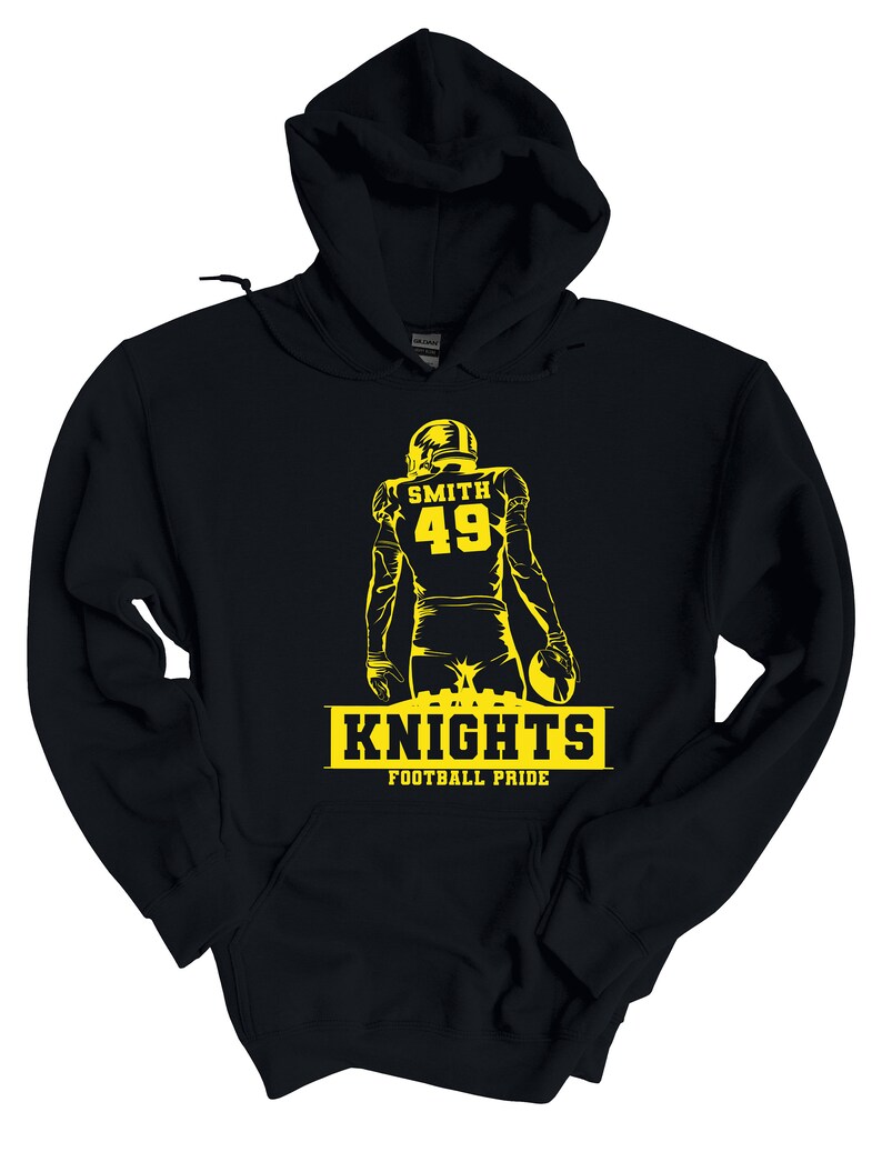May include: Black hooded sweatshirt with a yellow silhouette of a football player wearing a helmet and jersey with the number 49 and the name "SMITH" on the back. The text "KNIGHTS FOOTBALL PRIDE" is printed below the player.