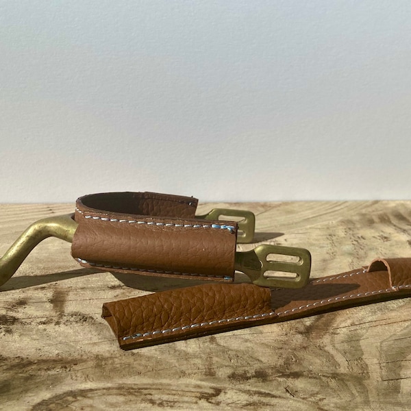 Leather Spur Covers - Brown Pebble Leather with Light Blue Stitching