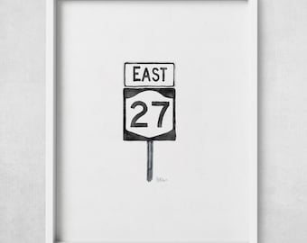 Montauk Highway Art Print: Coastal Road Sign, Watercolor Style