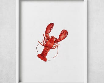 Lobster Watercolor Art Print: Coastal Kitchen Wall Decor