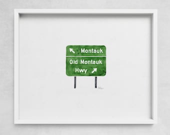 Montauk Highway Sign Print: Coastal Watercolor Wall Art