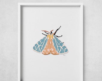 Blue and Coral Moth Art Print: Whimsical Chalk-Style Wall Decor