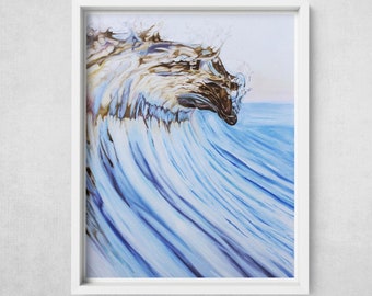Blue and Yellow Wave Art Print: Coastal Ocean Painting