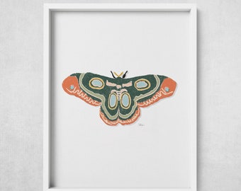 Green Moth Art Print: Whimsical Chalk-Style Insect Poster