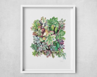 Love Succs, III – Succulent Arrangement Watercolor Art – Lush Botanical Poster Print
