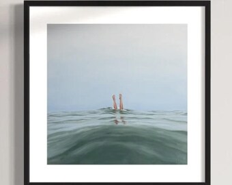 Ocean Art Print: Minimalist Coastal Oil Painting, Legs in Water