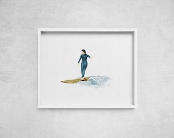 Surfer Girl Poster Print – Digital Watercolor Surfing Wall Decor for Ocean Lovers