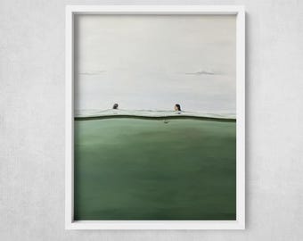 Moody Ocean Art Print: Two Figures in Green Sea