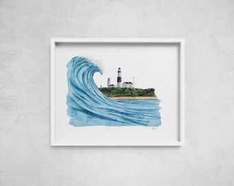 Montauk Lighthouse Wave Print: Coastal Watercolor Art, East End Beach Decor