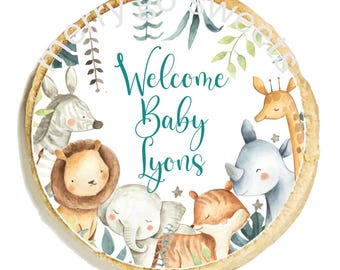 Custom Jungle Baby Animals Cookies 12 Baby Shower Favor Giraffe, Lion, Zebra, Elephant, Rhino