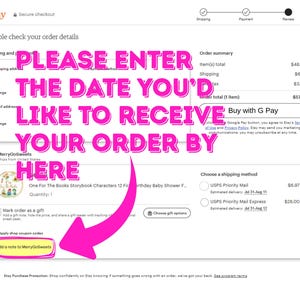 The image is a screenshot of a webpage from Etsy, featuring a pink text overlay that reads "Please enter the date you'd like to receive your order by here". The text is in a large, bold font and is positioned in the center of the image.