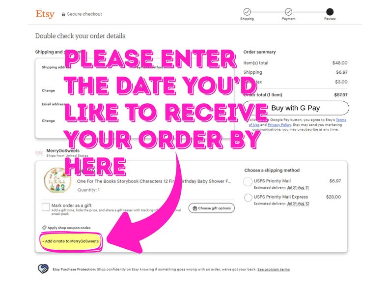 The image is a screenshot of a webpage from Etsy, featuring a pink text overlay that reads "Please enter the date you'd like to receive your order by here". The text is in a large, bold font and is positioned in the center of the image.
