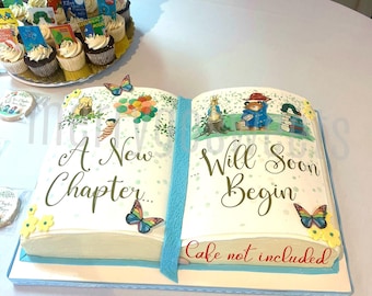 A New Chapter Baby Shower Cake Topper: Edible Sugar Sheet Print with Storybook Characters