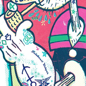 May include: A colorful poster advertising the Flatstock Europe festival, featuring a cartoon character with a microphone and tattoos. The poster is in a retro style with bold colors and a playful design. The text on the poster reads "Flatstock Europe" and "Spielbudenplatz, Hamburg 24.-26.09.09 Täglich von 15.00-23.00".