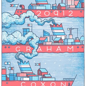 May include: A poster for the 2012 Reeperbahn Festival in Hamburg, Germany, featuring illustrations of ships with the names "Graham Coxon" and "20912".