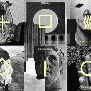 May include: A black and white collage of images with yellow geometric shapes. The images include a sculpture of a head, a statue of a woman, a rock formation, and a grid pattern. The text "Fenella", "Vanishing Twin", "Pictish Trail", "Death & Vanilla", "Islet", and "Modern Studies" is included in the collage.