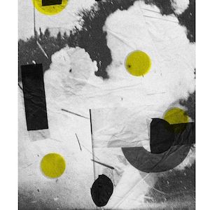 May include: Abstract art print with black and white shapes and yellow circles on a textured white background.