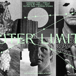 Może przedstawiać: Czarno-biały plakat kolażu z tekstem "OUTER LIMITS" w kolorze zielonym. Plakat zawiera obrazy rzeźb, ludzkiej twarzy i wzoru siatki. Tekst "VANISHING TWIN | FENELLA", "DEATH & VANILLA | ISLET", "PICTISH TRAIL | MODERN STUDIES" i "SATURDAY DECEMBER 14TH 2019" jest również umieszczony na plakacie.