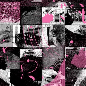 May include: A black and white poster with a collage of images of a projector and a hand interacting with it. The poster has pink splatter paint and the text "MAXIMO PARK" and "CORONA CAPITAL, MEXICO 18 & 19 NOV 2017".