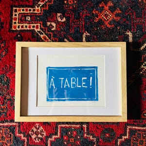 Original Linocut Print "A table!", Handmade Block Print in blue