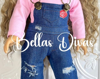 18" Girl Doll DISTRESSED DENIM OVERALLS with rips -Dark Blue Denim Ripped Overall Doll clothes Designed to fit 18 Inch Girl Dolls