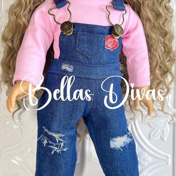 18" Girl Doll DISTRESSED DENIM OVERALLS with rips -Dark Blue Denim Ripped Overall Doll clothes Designed to fit 18 Inch Girl Dolls