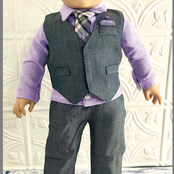 18" Boy Doll SUIT VEST, lavender shirt , Gray PANTS & tie Designed to  Fit 18 Inch Boy Dolls- Fancy Outfit Boy doll.