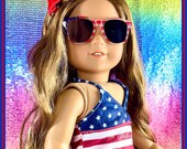 SWIMSUIT Red, White Blue PATRIOTIC- 4th Fourth Of July Sunglasses, Red Clogs Designed to Fit like American Girl Doll or 18 inch dolls
