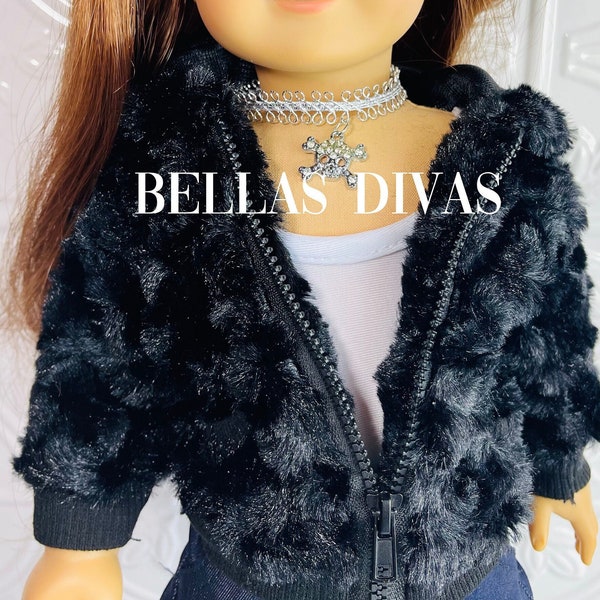 18" Girl Doll BLACK FUZZY Fabric Jacket Hoodie, Furry Black Coat Designed to Fit 18 Inch Girl Dolls