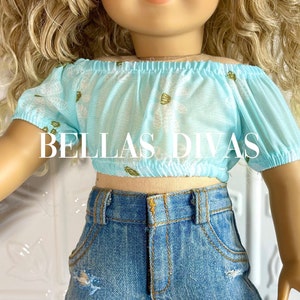 18" Girl Doll Aqua PEASANT CROP TOP  - Blouse Aqua Blue Short Sleeve Designed to fit 18 Inch Girl Dolls